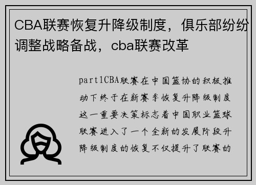 CBA联赛恢复升降级制度，俱乐部纷纷调整战略备战，cba联赛改革