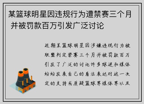 某篮球明星因违规行为遭禁赛三个月 并被罚款百万引发广泛讨论