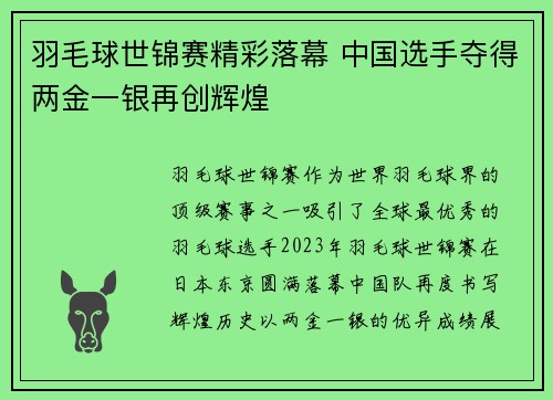 羽毛球世锦赛精彩落幕 中国选手夺得两金一银再创辉煌