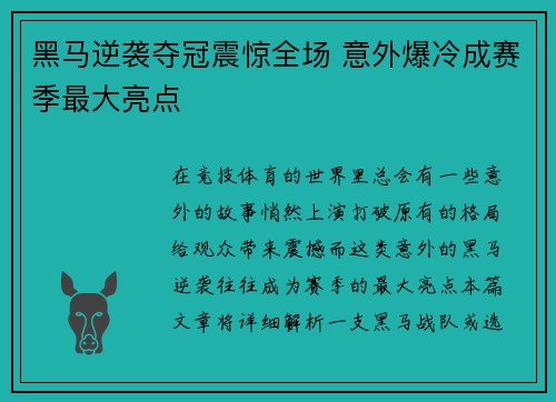 黑马逆袭夺冠震惊全场 意外爆冷成赛季最大亮点