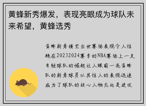 黄蜂新秀爆发，表现亮眼成为球队未来希望，黄蜂选秀