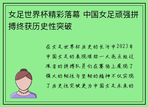 女足世界杯精彩落幕 中国女足顽强拼搏终获历史性突破